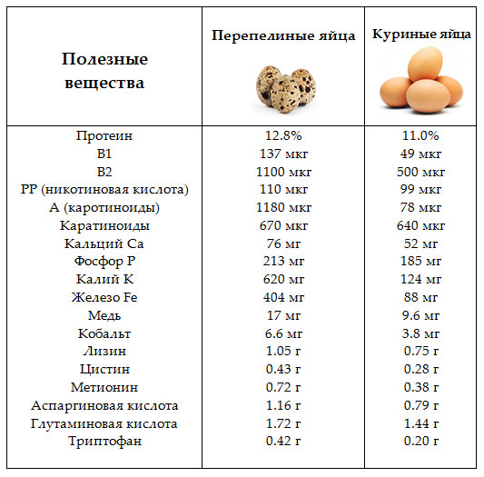 Таблица-сравнение полезных веществ куриных и перепелиных яиц